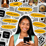 **

A person using social media on their phone, with speech bubbles highlighting the importance of authenticity and showcasing unique skills.  The background features a collage of diverse content types (cooking, travel, hobbies). Text overlay: "Be Yourself & Shine! Find Your Niche on Social Media."

**