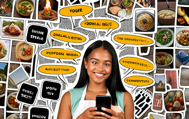 **
A person using social media on their phone, with speech bubbles highlighting the importance of authenticity and showcasing unique skills. The background features a collage of diverse content types (cooking, travel, hobbies). Text overlay: "Be Yourself & Shine! Find Your Niche on Social Media."
**